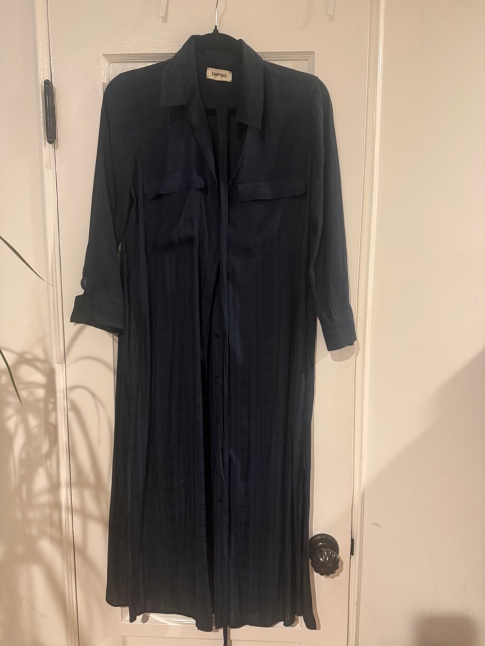 La’Agence Navy Long Silk Shirt Dress